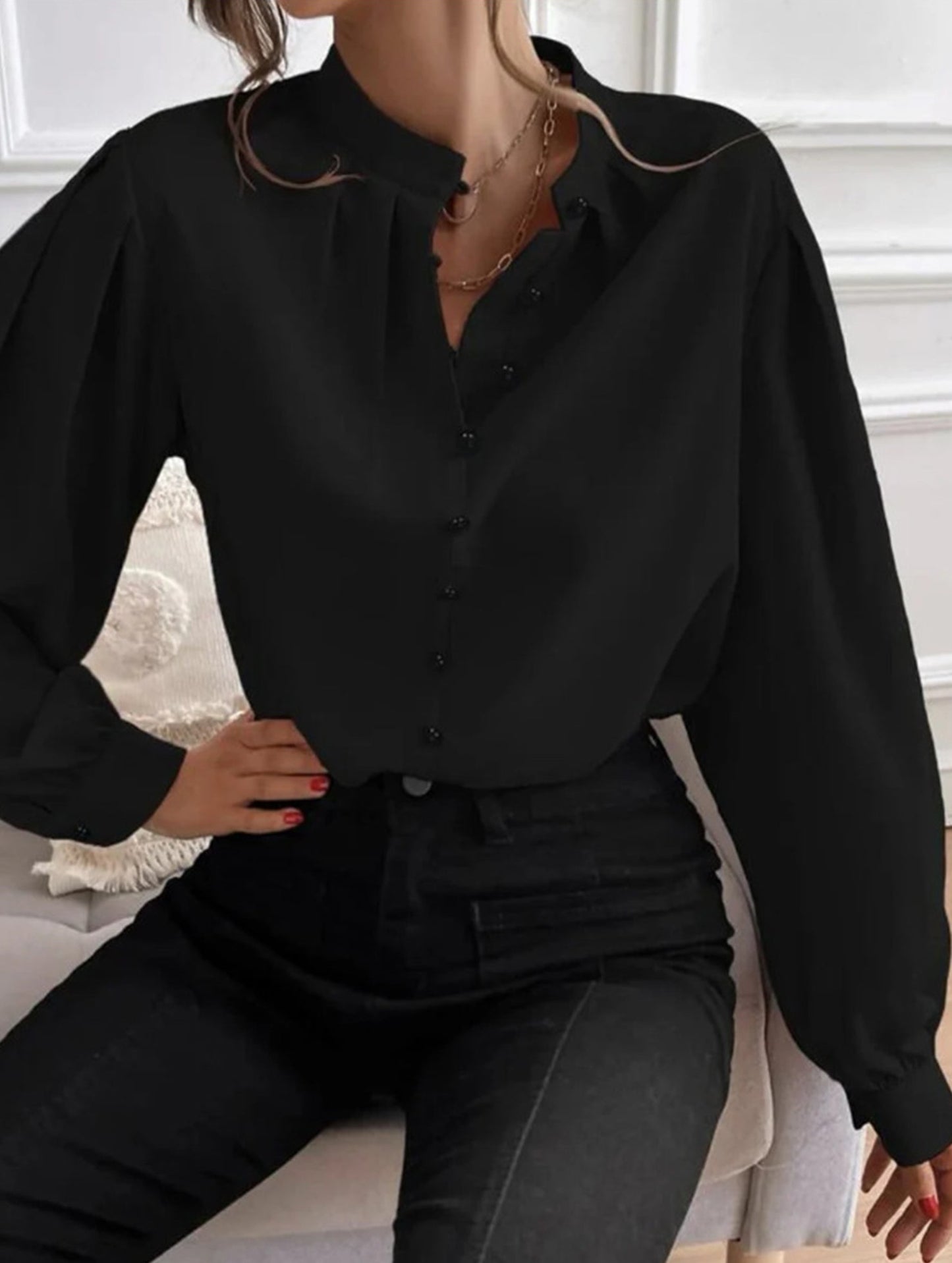 Women's solid color loose stand collar shirt