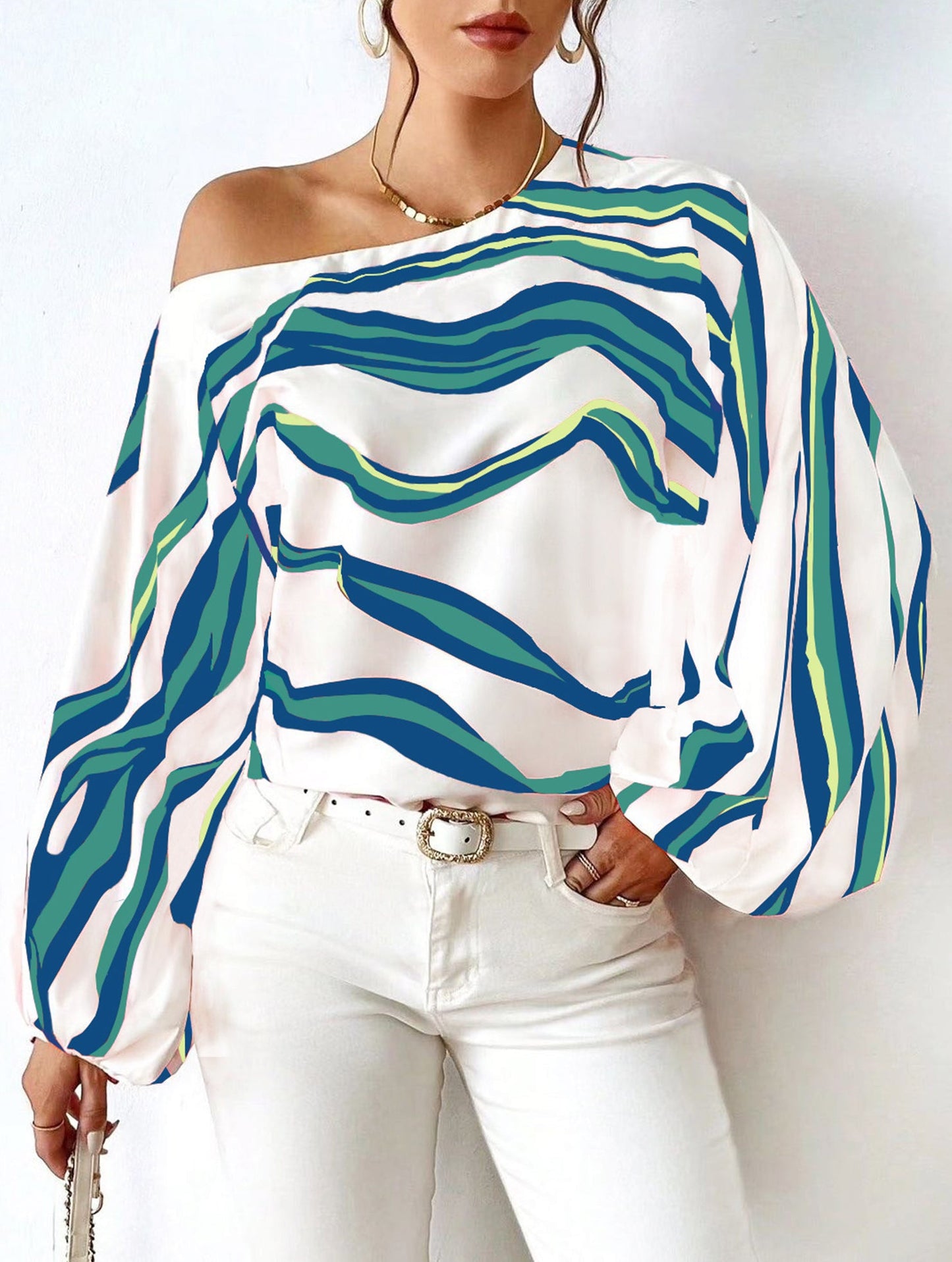 Off-the-shoulder boat neck printed loose shirt