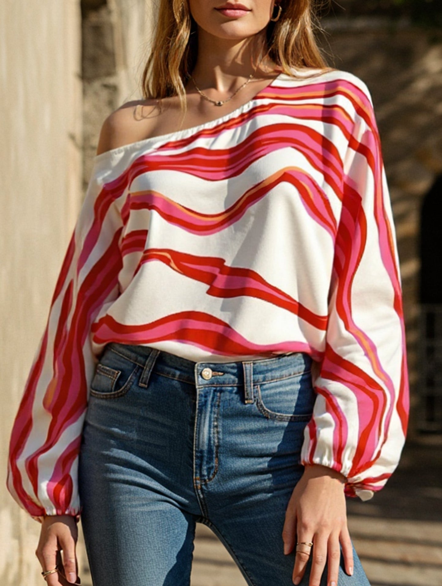 Off-the-shoulder boat neck printed loose shirt
