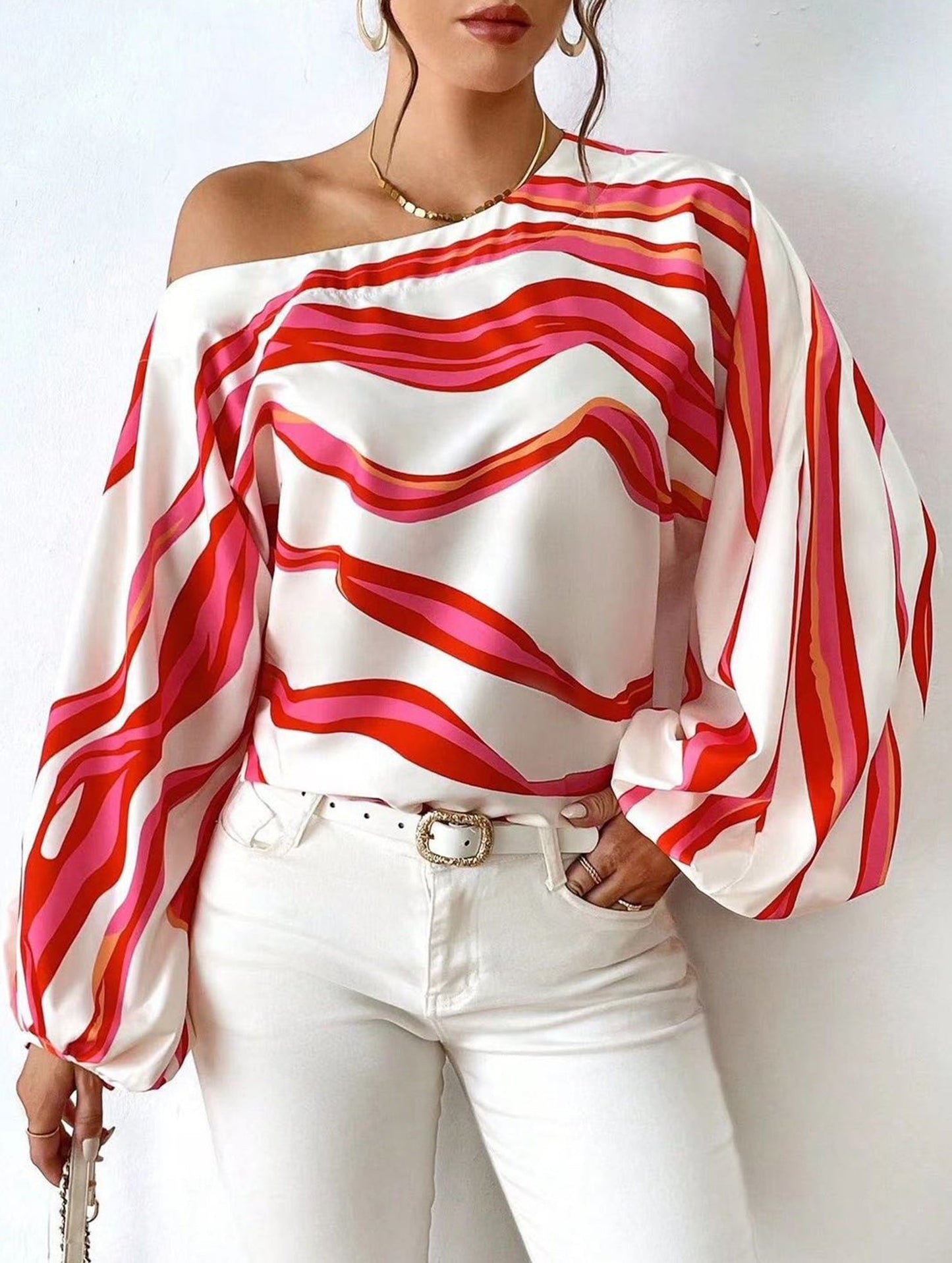 Off-the-shoulder boat neck printed loose shirt