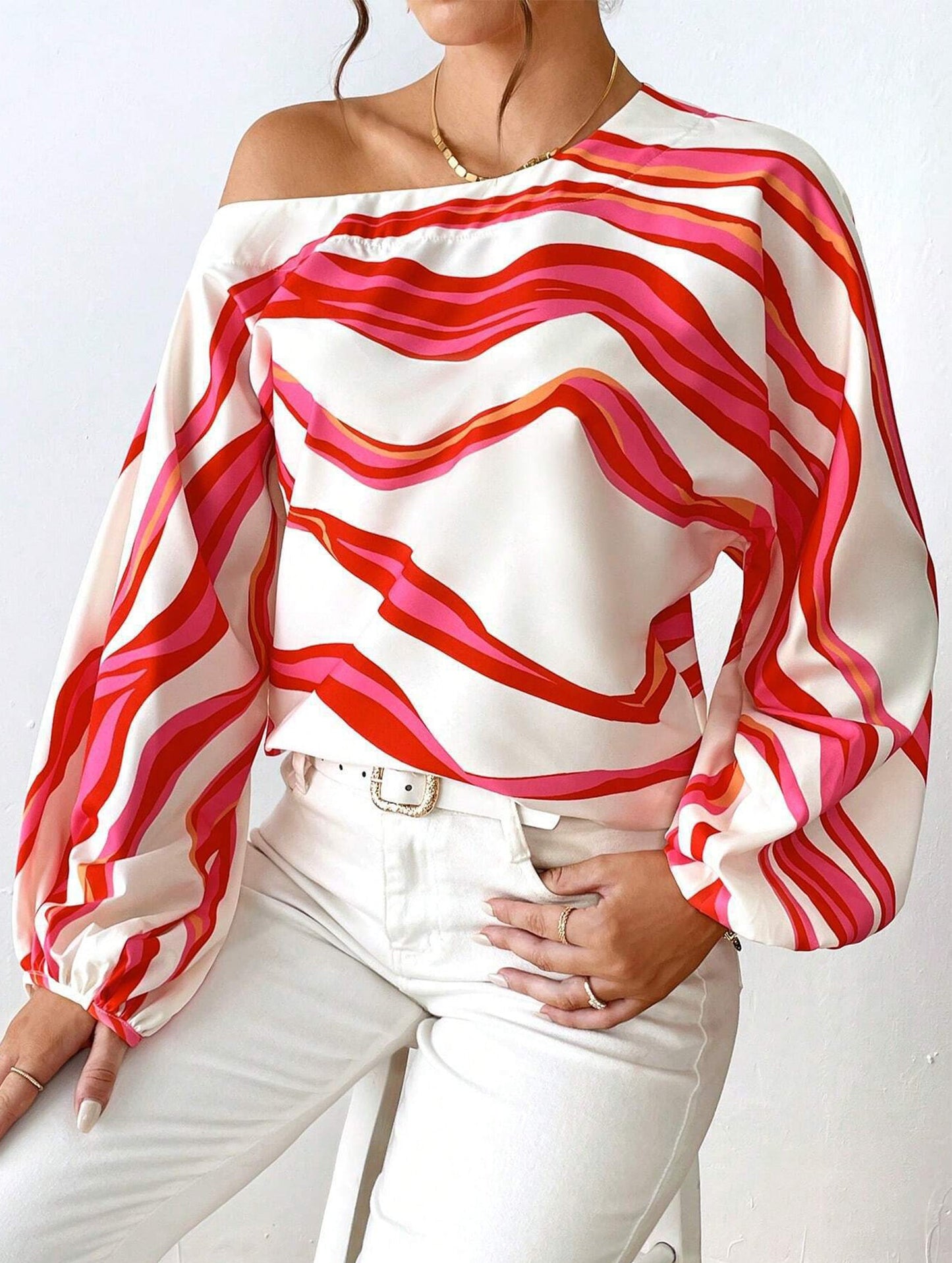 Off-the-shoulder boat neck printed loose shirt