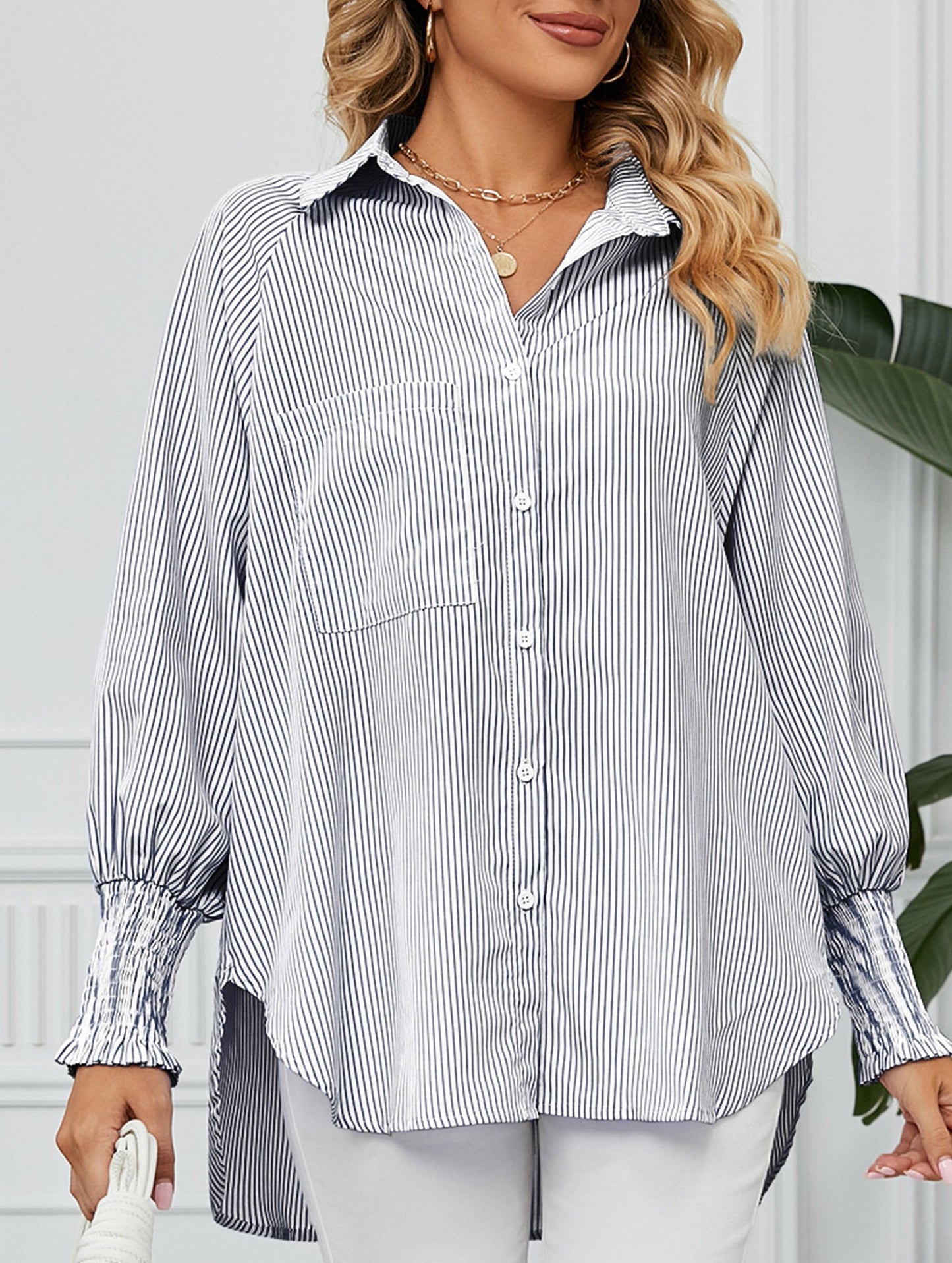Casual pleated loose striped shirt