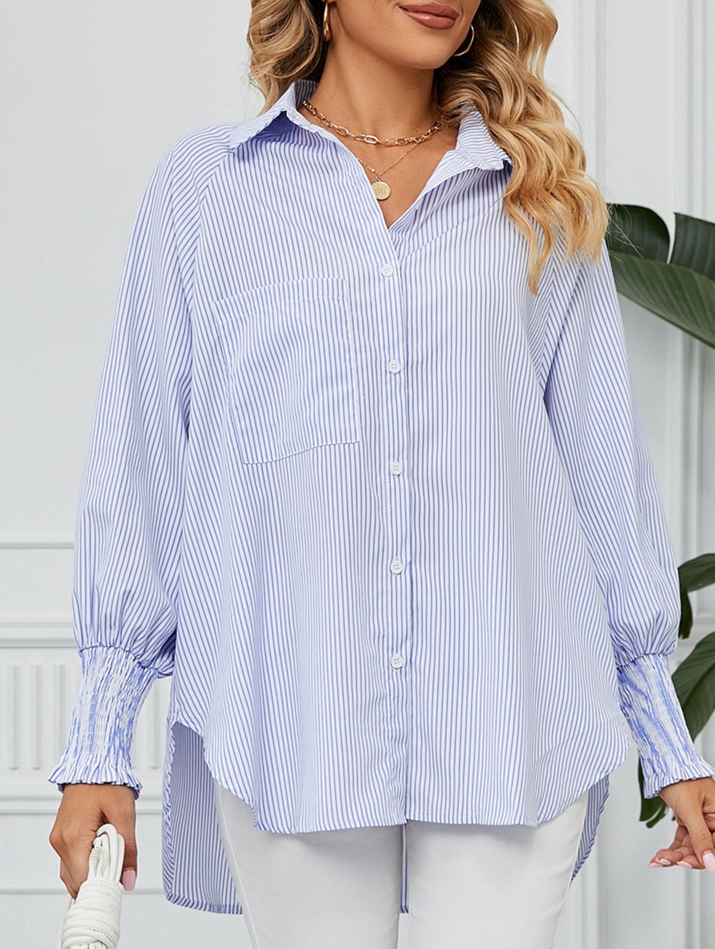 Casual pleated loose striped shirt