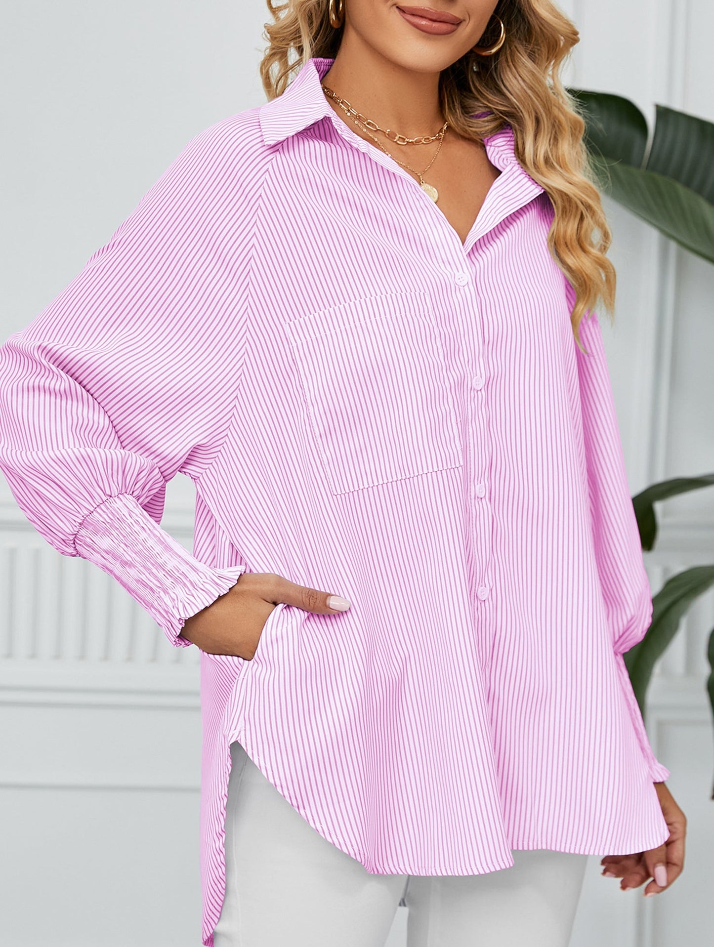 Casual pleated loose striped shirt