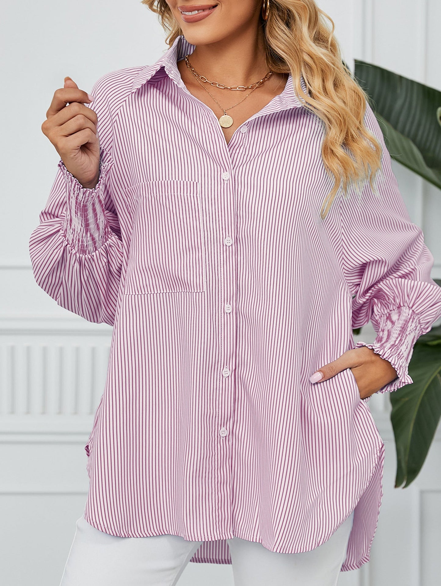 Casual pleated loose striped shirt