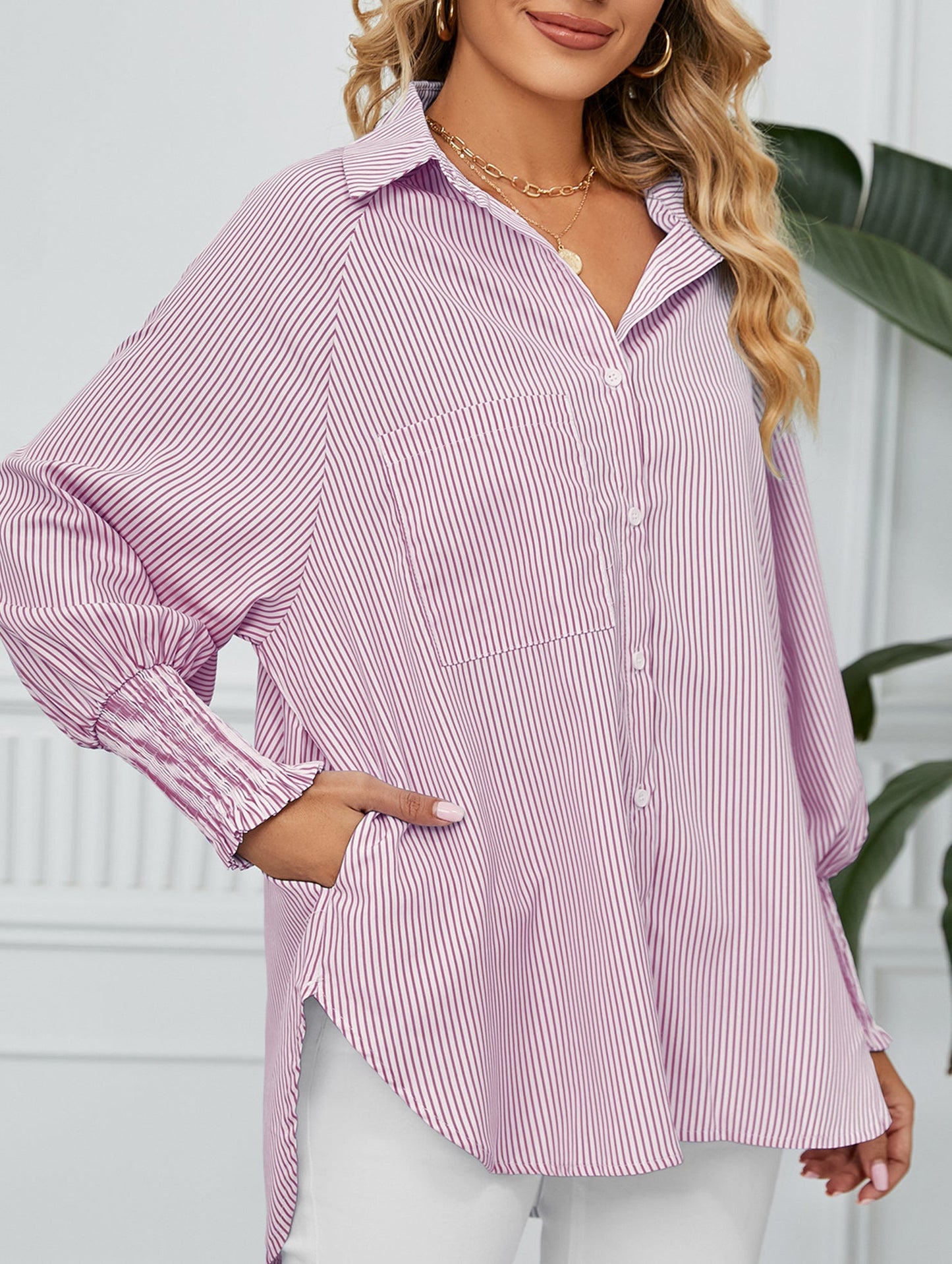 Casual pleated loose striped shirt