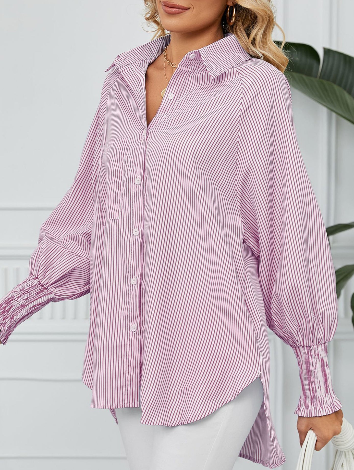Casual pleated loose striped shirt