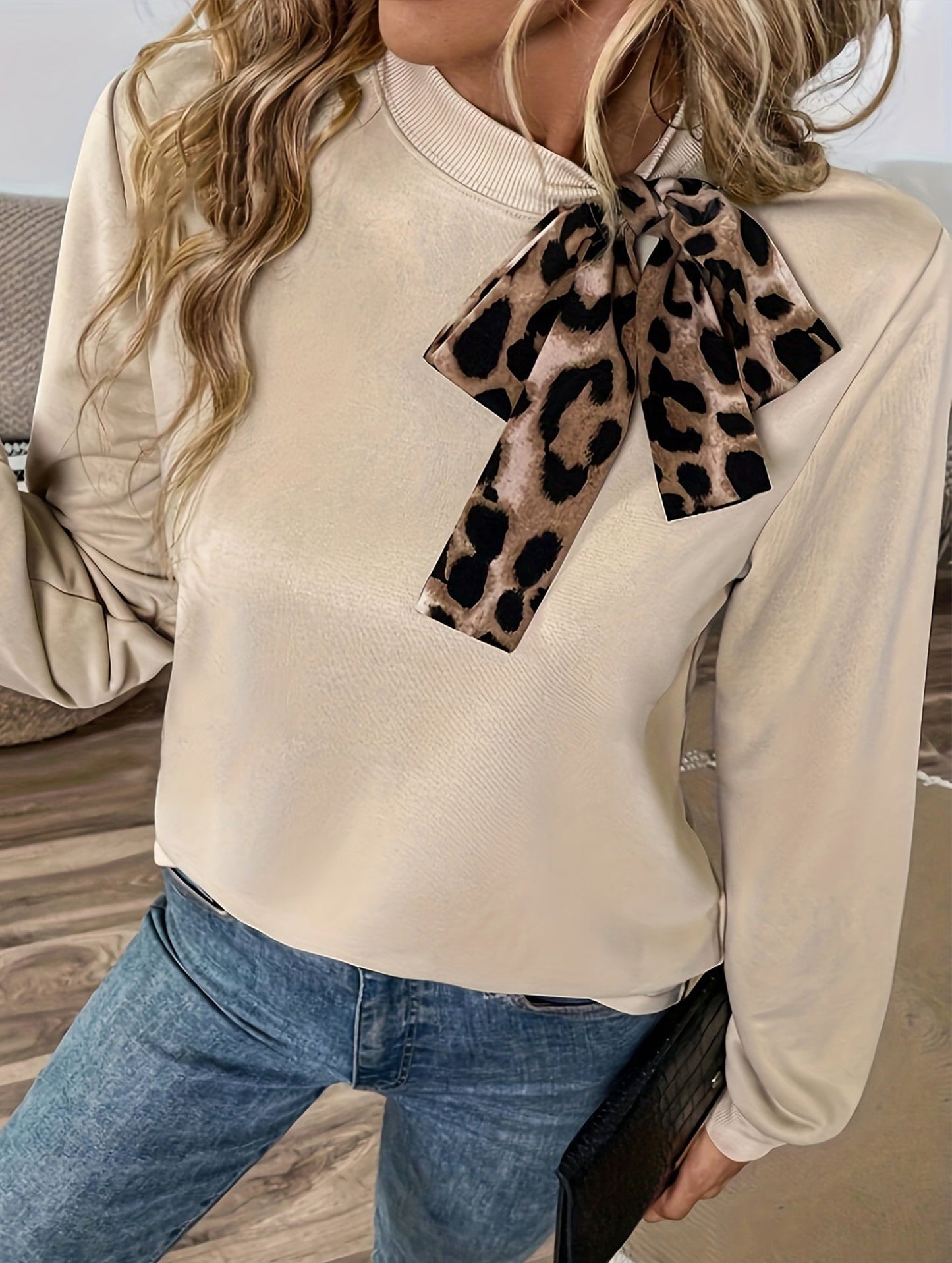 Leopard print lace-up round neck loose casual top