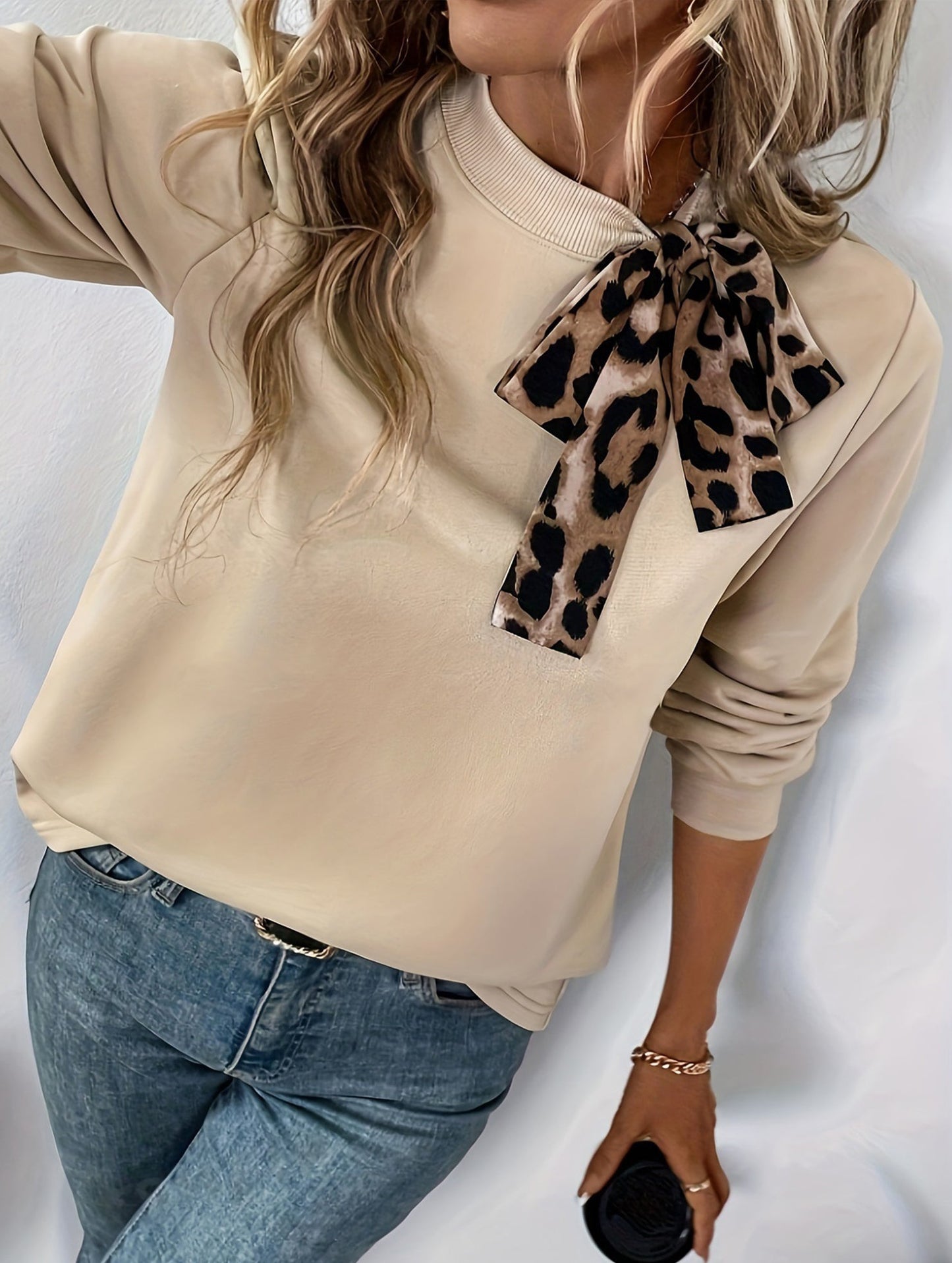Leopard print lace-up round neck loose casual top