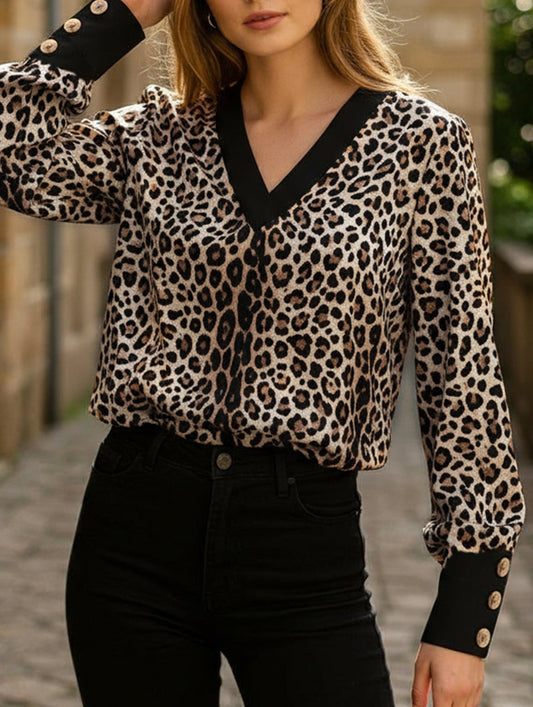 New leopard print long-sleeved V-neck top