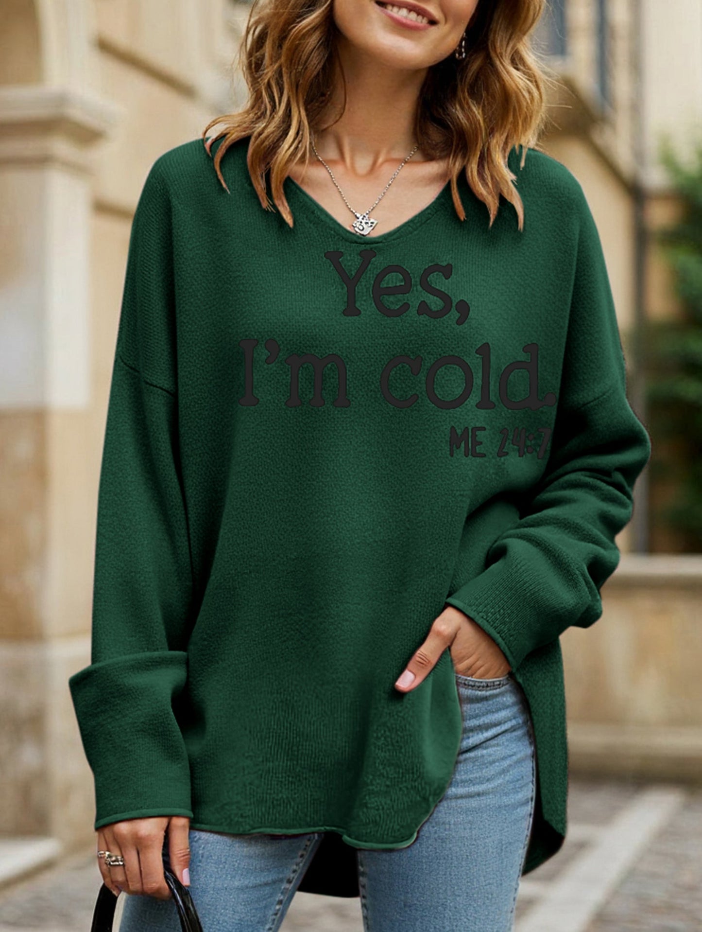 Loose solid color letter print V-neck sweater
