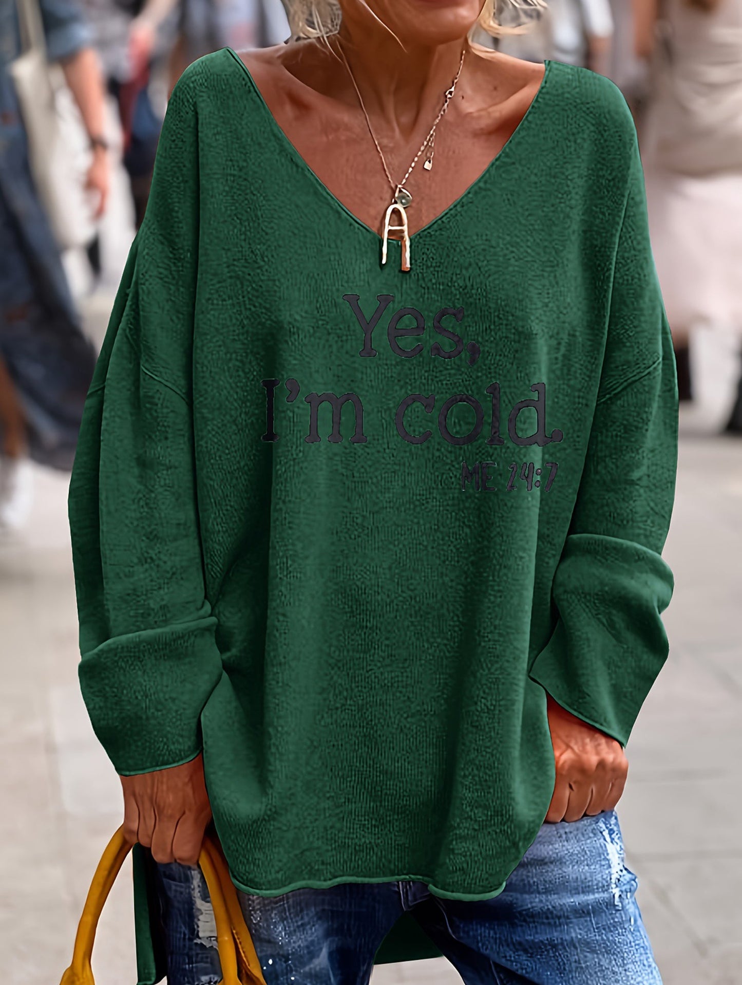 Loose solid color letter print V-neck sweater