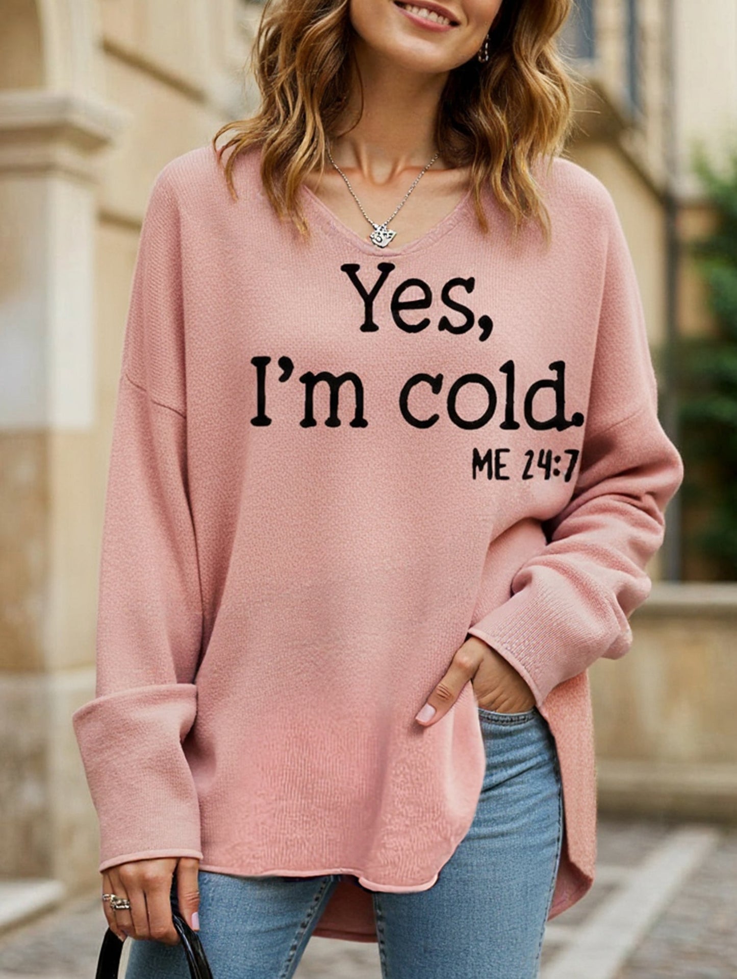 Loose solid color letter print V-neck sweater