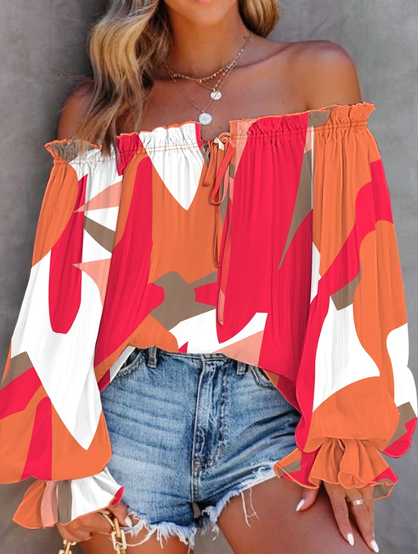 Off-the-shoulder lantern sleeves shirt