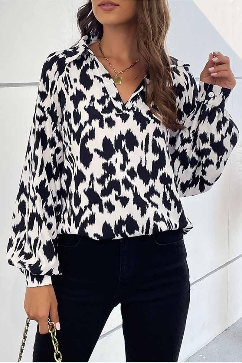 RETRO LAPEL LONG SLEEVED PRINTED SHIRT - Doublju