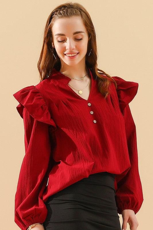 V NECK RUFFLED BUTTON SOLID COLOR BLOUSE - Doublju