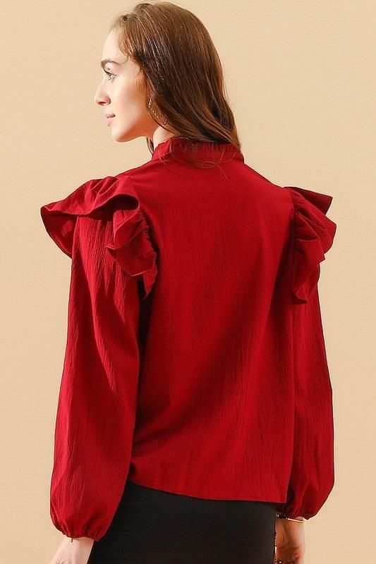 V NECK RUFFLED BUTTON SOLID COLOR BLOUSE - Doublju