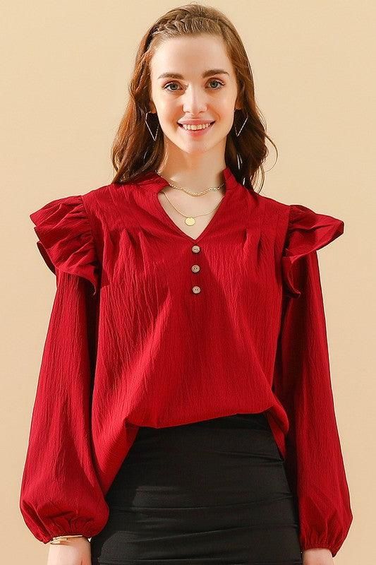 V NECK RUFFLED BUTTON SOLID COLOR BLOUSE - Doublju