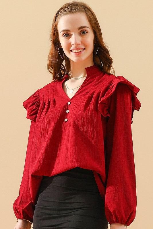 V NECK RUFFLED BUTTON SOLID COLOR BLOUSE - Doublju