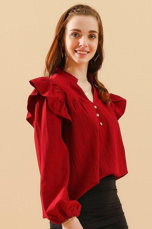 V NECK RUFFLED BUTTON SOLID COLOR BLOUSE - Doublju