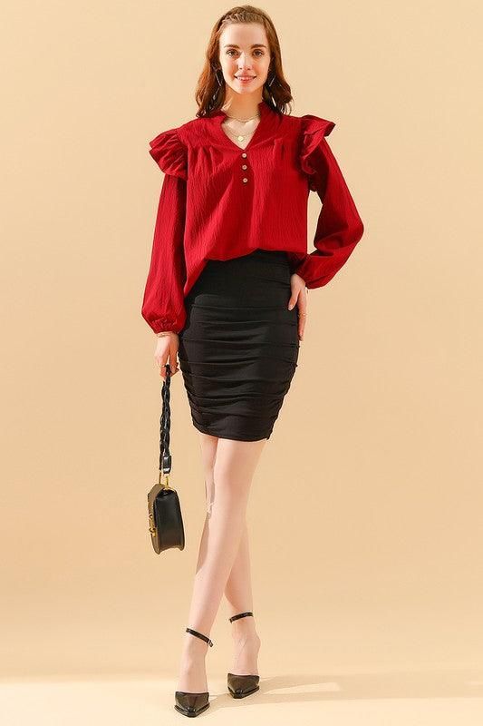 V NECK RUFFLED BUTTON SOLID COLOR BLOUSE - Doublju