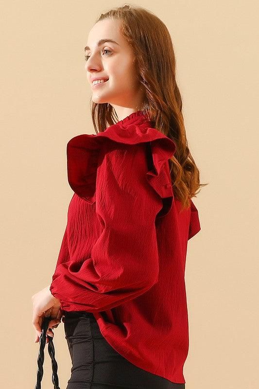V NECK RUFFLED BUTTON SOLID COLOR BLOUSE - Doublju