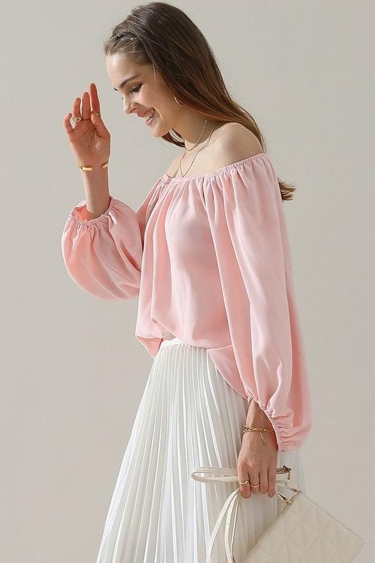 BALLON SLEEVE OFF SHOULDER CHIFFON BLOUSE - Doublju