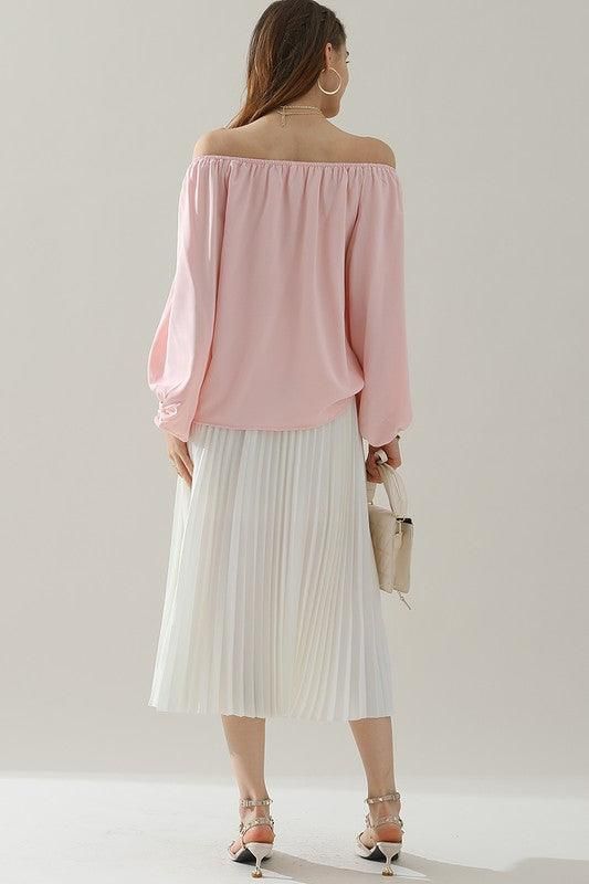 BALLON SLEEVE OFF SHOULDER CHIFFON BLOUSE - Doublju