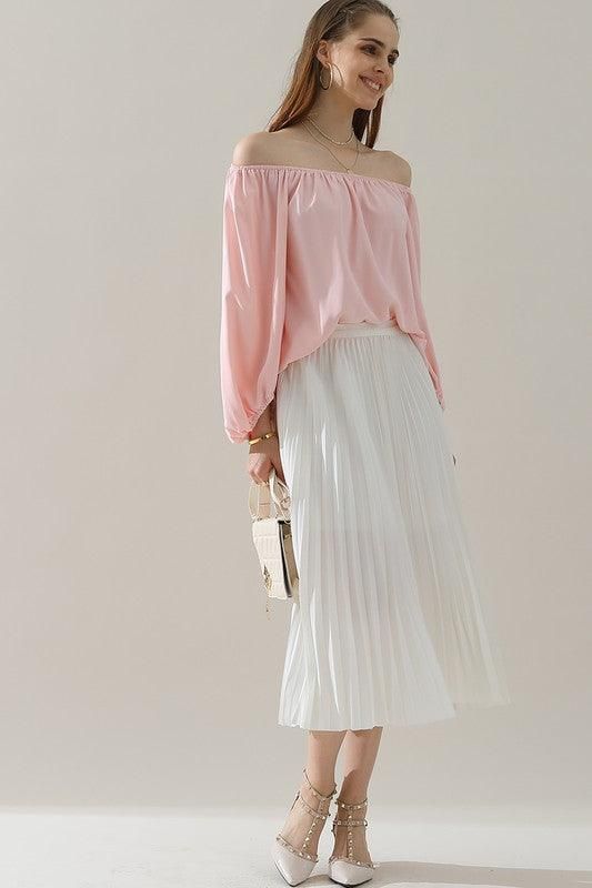 BALLON SLEEVE OFF SHOULDER CHIFFON BLOUSE - Doublju