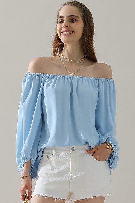 BALLON SLEEVE OFF SHOULDER CHIFFON BLOUSE - Doublju