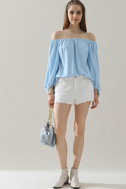 BALLON SLEEVE OFF SHOULDER CHIFFON BLOUSE - Doublju