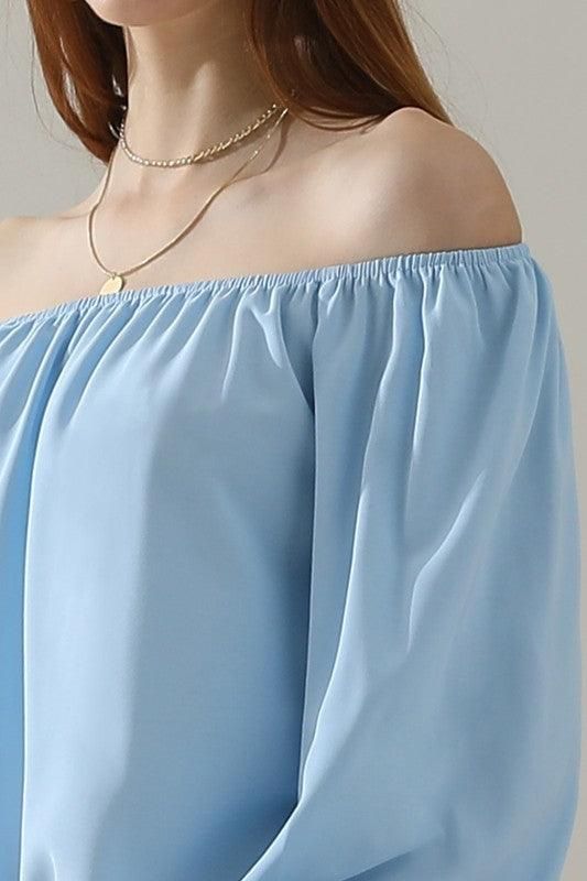 BALLON SLEEVE OFF SHOULDER CHIFFON BLOUSE - Doublju