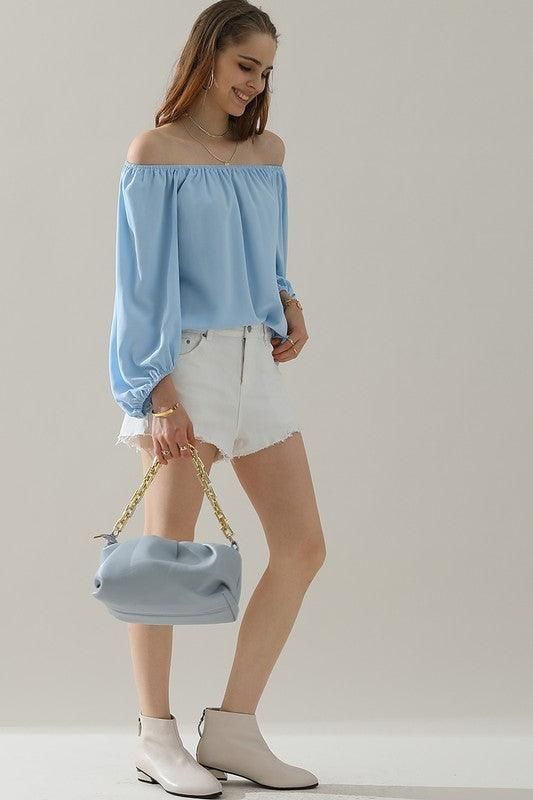BALLON SLEEVE OFF SHOULDER CHIFFON BLOUSE - Doublju