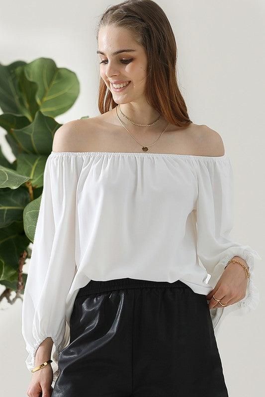 BALLON SLEEVE OFF SHOULDER CHIFFON BLOUSE - Doublju