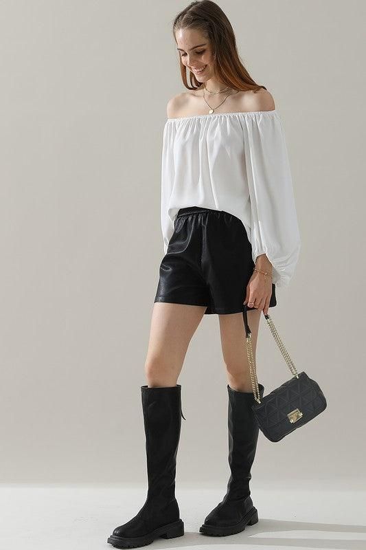 BALLON SLEEVE OFF SHOULDER CHIFFON BLOUSE - Doublju