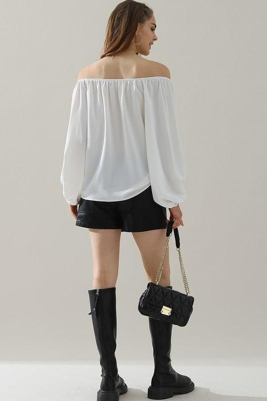BALLON SLEEVE OFF SHOULDER CHIFFON BLOUSE - Doublju