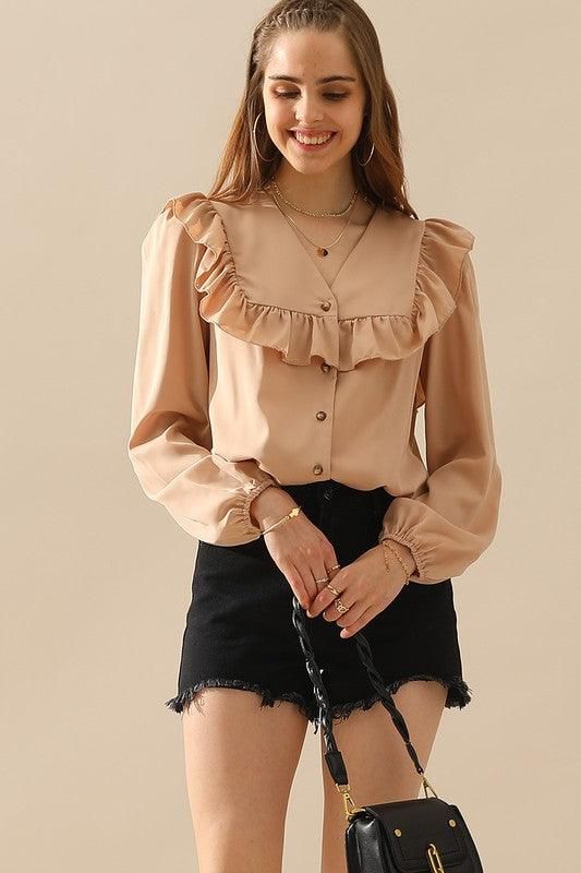 RUFFLED LACE POINT BUTTON UP LONG SLEEVE BLOUSE - Doublju