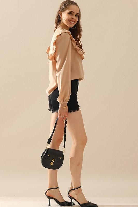 RUFFLED LACE POINT BUTTON UP LONG SLEEVE BLOUSE - Doublju