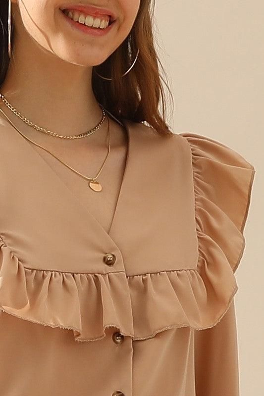 RUFFLED LACE POINT BUTTON UP LONG SLEEVE BLOUSE - Doublju