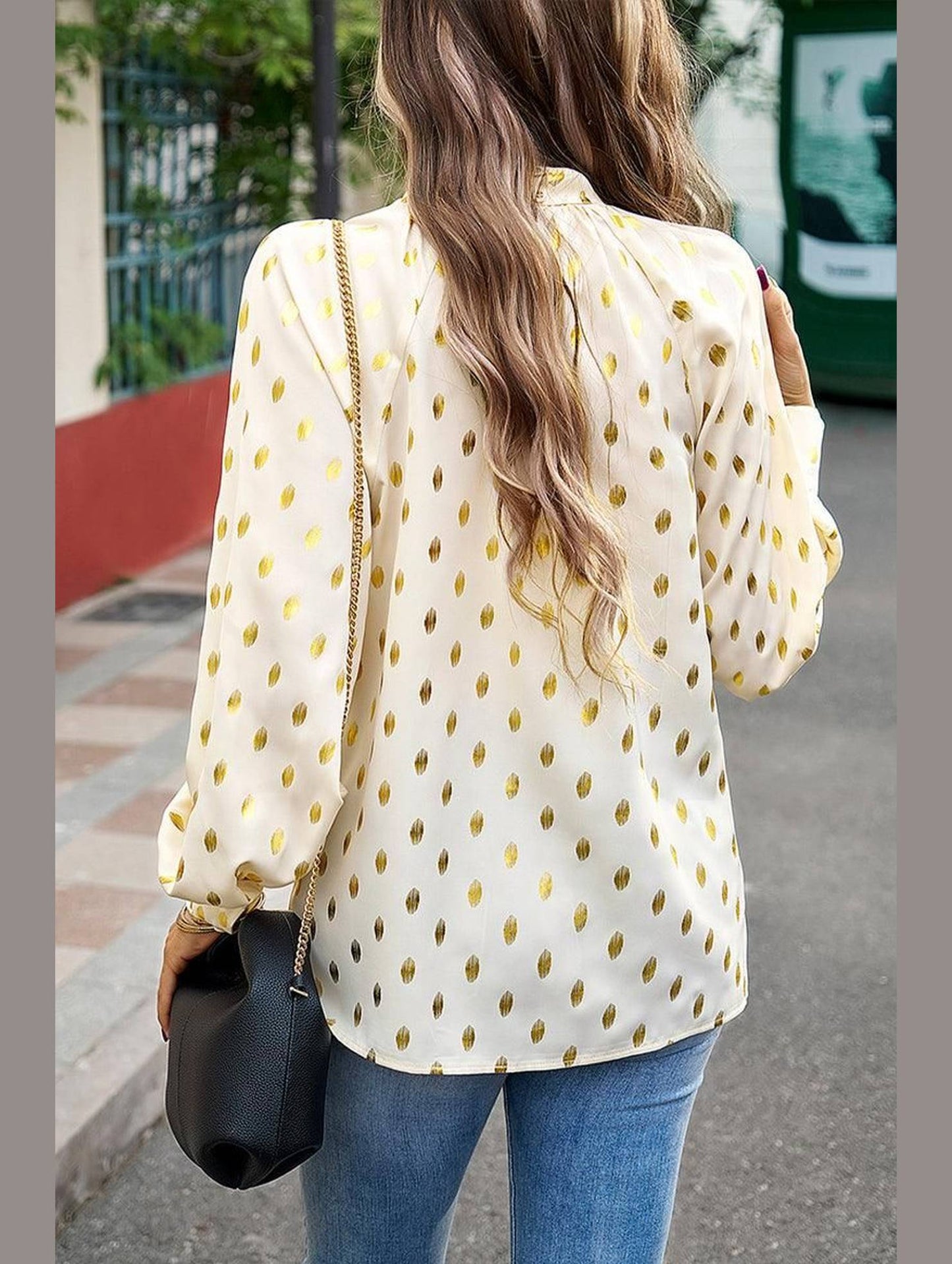 BUTTON COLLAR GOLD ROUND POINT BLOUSE - Doublju