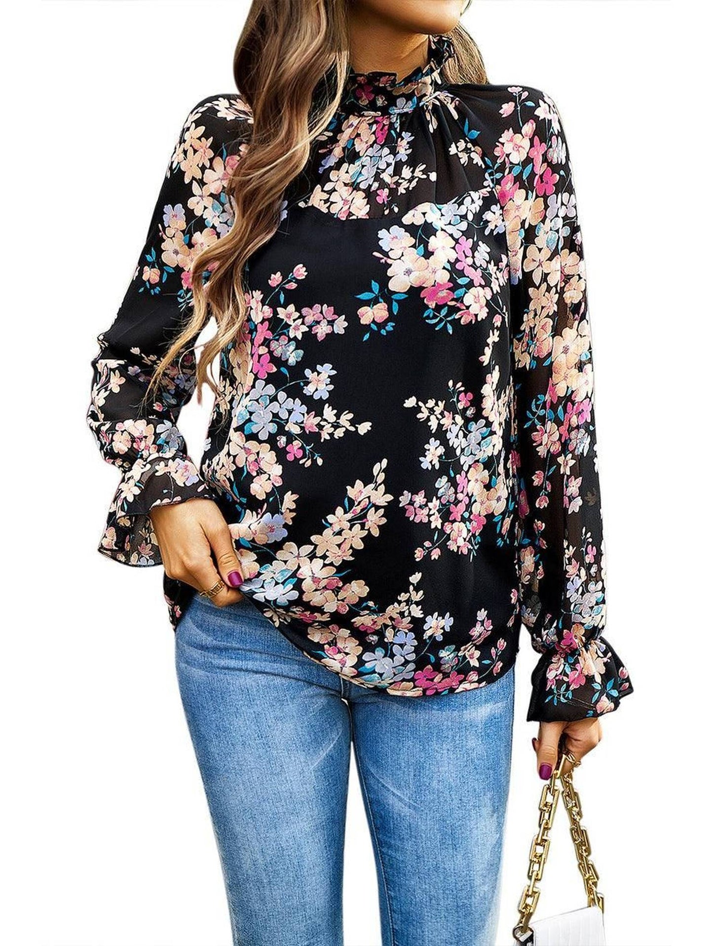 RUFFLED NECK FLORAL LONG SLEEVE TOP - Doublju