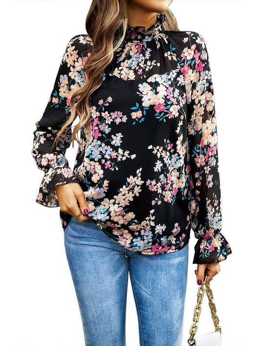 RUFFLED NECK FLORAL LONG SLEEVE TOP - Doublju