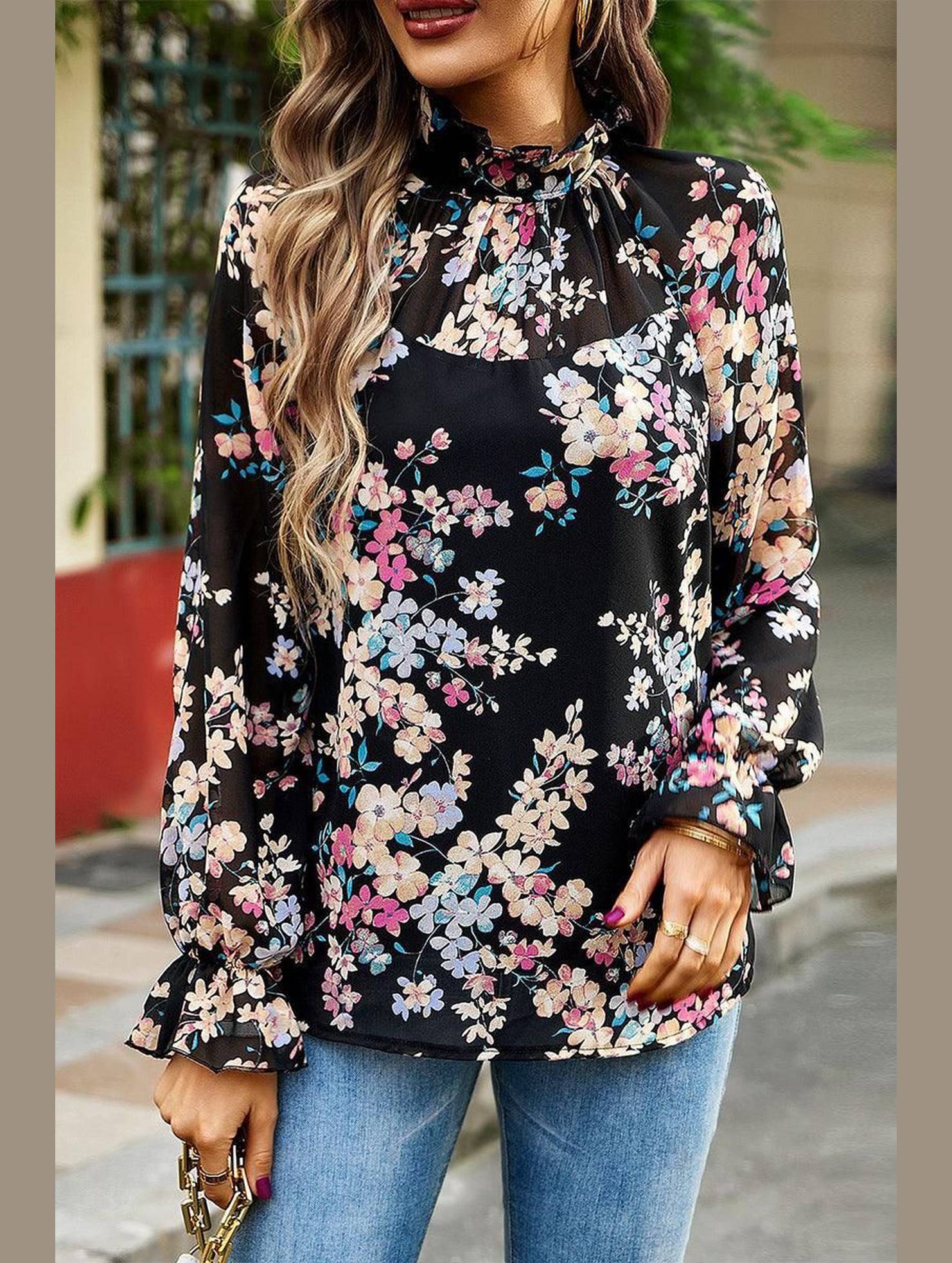 RUFFLED NECK FLORAL LONG SLEEVE TOP - Doublju