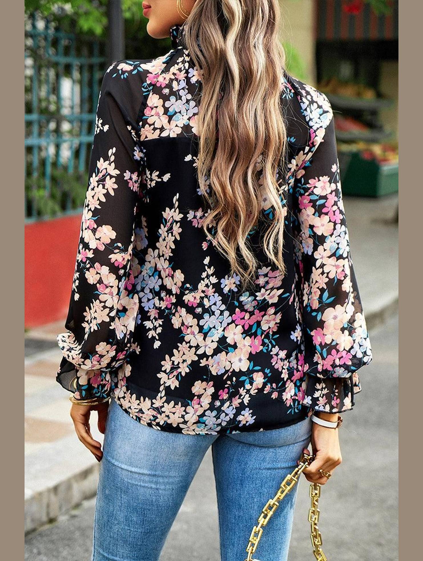 RUFFLED NECK FLORAL LONG SLEEVE TOP - Doublju