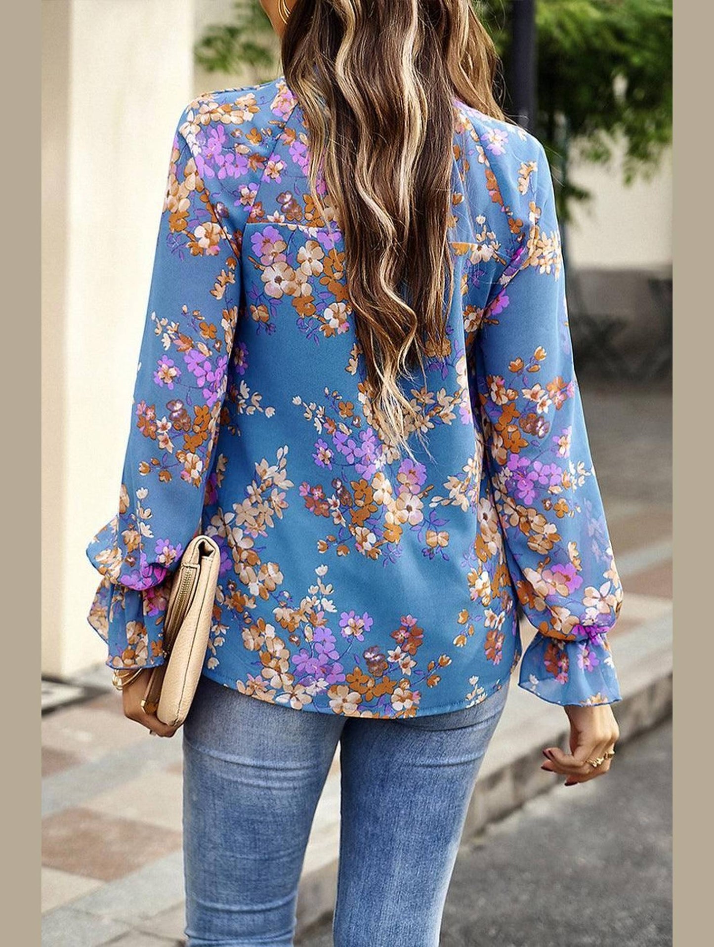 RUFFLED NECK FLORAL LONG SLEEVE TOP - Doublju