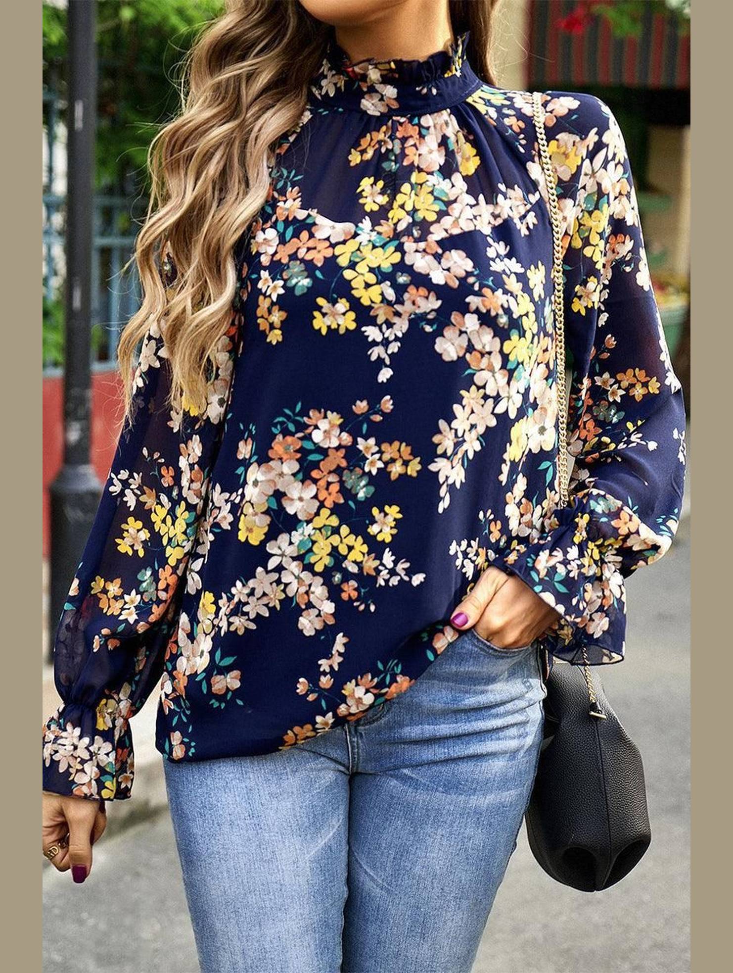 RUFFLED NECK FLORAL LONG SLEEVE TOP - Doublju