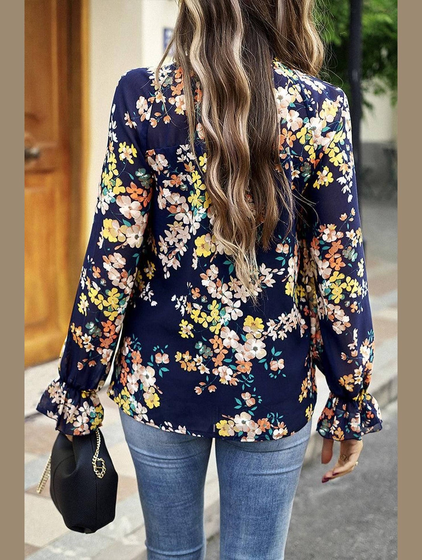 RUFFLED NECK FLORAL LONG SLEEVE TOP - Doublju