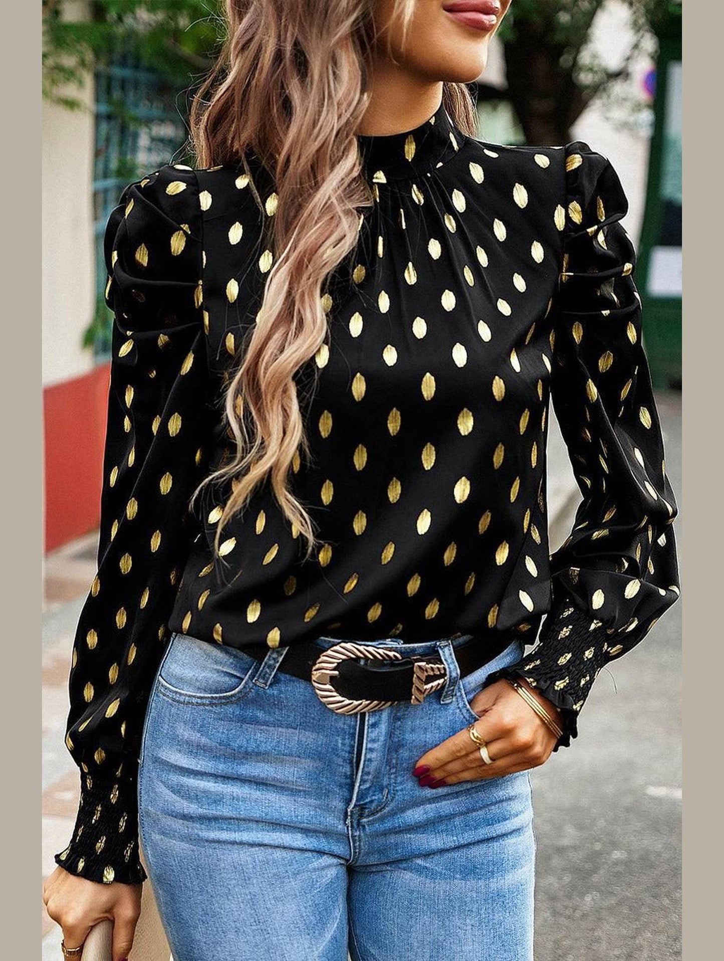 ROUND NECK RUFFLED SLEEVE LOOSE TOP - Doublju