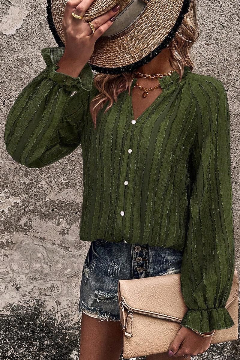 WOMEN BUTTON UP SHIRRED NECK LOOSE FIT BLOUSE - Doublju