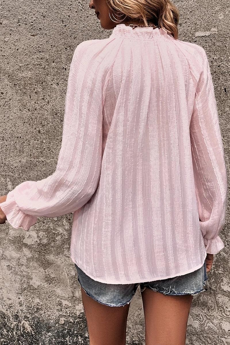 WOMEN BUTTON UP SHIRRED NECK LOOSE FIT BLOUSE - Doublju